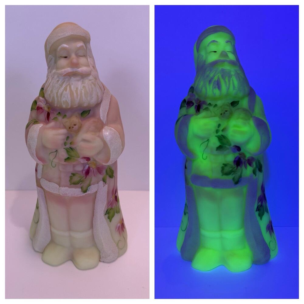Fenton Burmese Uranium Glass Poinsettia Santa W/ Cat Hand Painted Signed #570